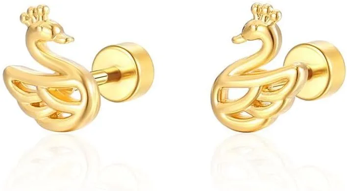 Small Tiny Gold Plated Swan Earring Screw Flat Back Stud Earring Hypoallergenic Cartilage Tragus Piercing Sleeper Little Studs Jewerly for Women