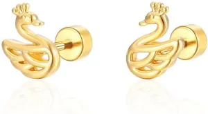 Small Tiny Gold Plated Swan Earring Screw Flat Back Stud Earring Hypoallergenic Cartilage Tragus Piercing Sleeper Little Studs Jewerly for Women