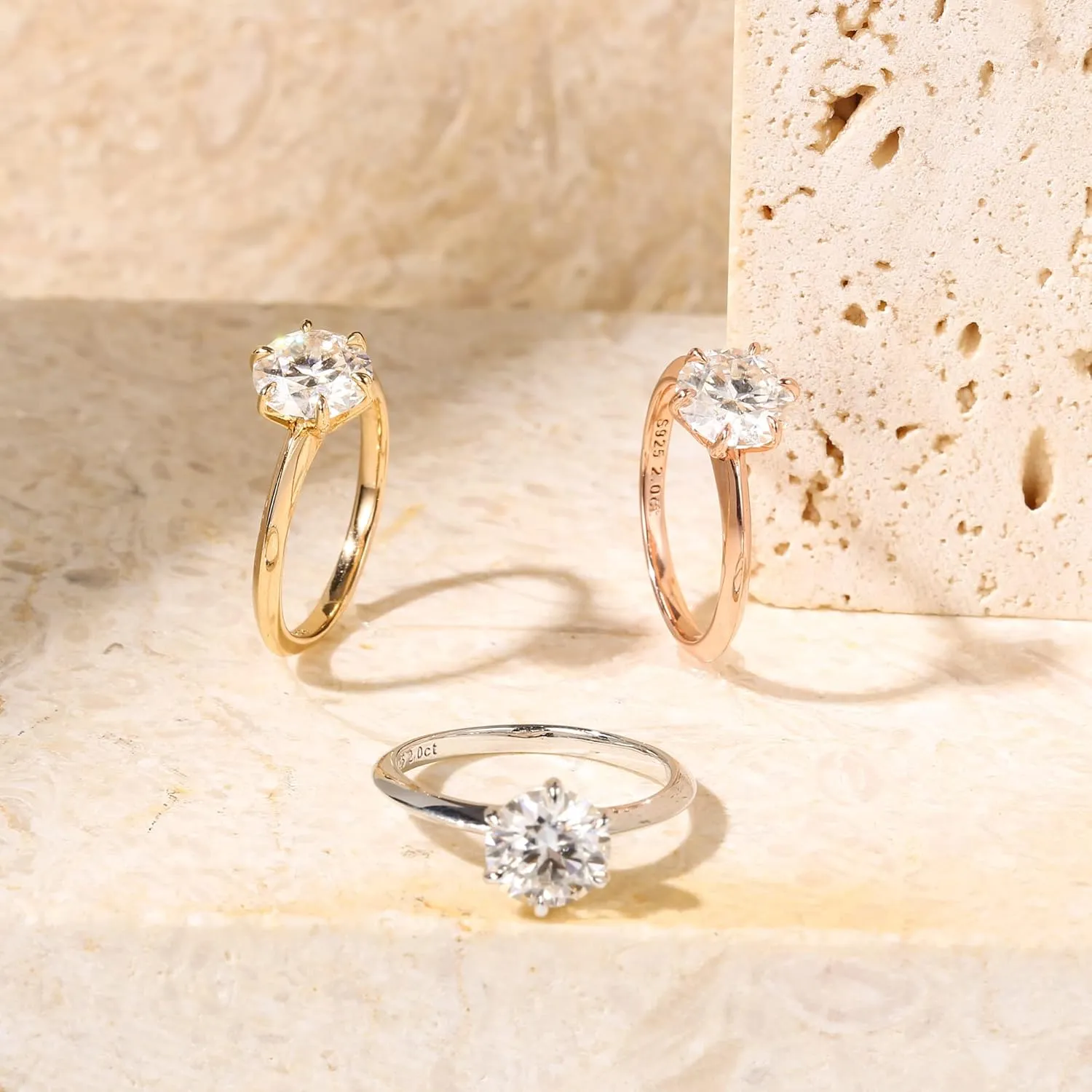 SMILEST 2ct Moissanite Rings for Women, Round D Color VVS1 Clarity Lab Created Moissanite Ring 18K White Yellow Rose Gold Vermeil 6 Claw Knife Edge Solitaire Moissanite Engagement Rings for Women