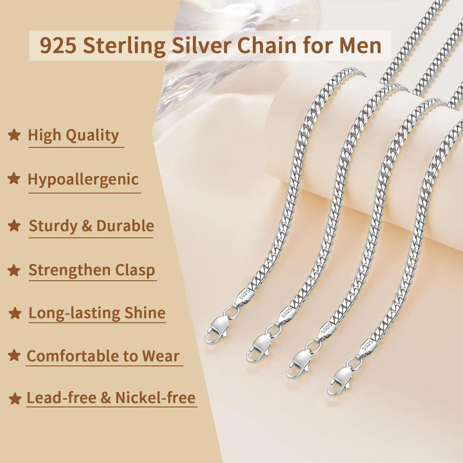 Solid 18K Over 925 Sterling Silver Chain for Men Women, 4mm Cuban Link Necklace, Hip-Hop & Cool Style, 16-26 Inch