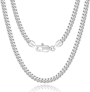 Solid 18K Over 925 Sterling Silver Chain for Men Women, 4mm Cuban Link Necklace, Hip-Hop & Cool Style, 16-26 Inch