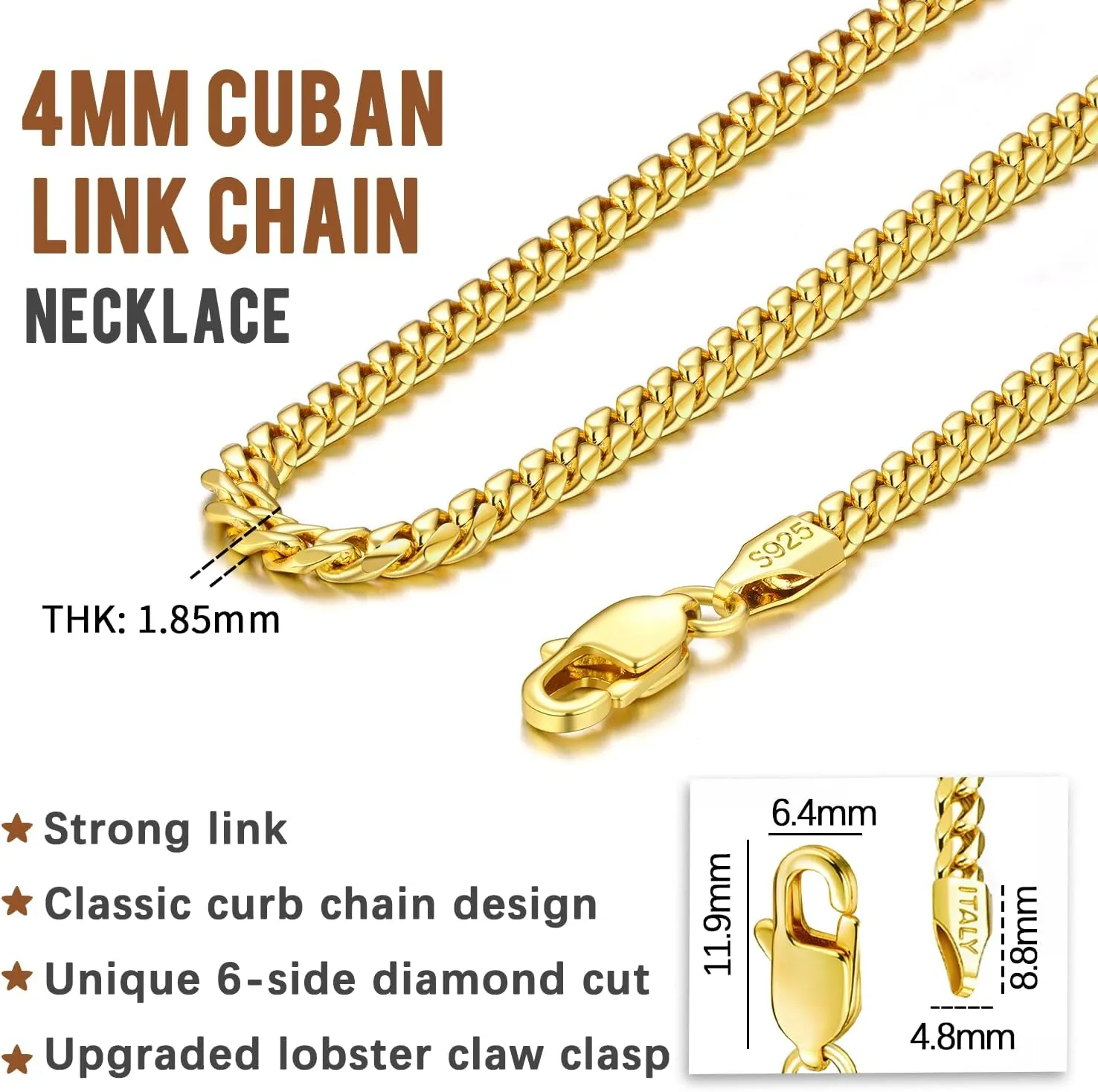 Solid 18K Over 925 Sterling Silver Chain for Men Women, 4mm Cuban Link Necklace, Hip-Hop & Cool Style, 16-26 Inch