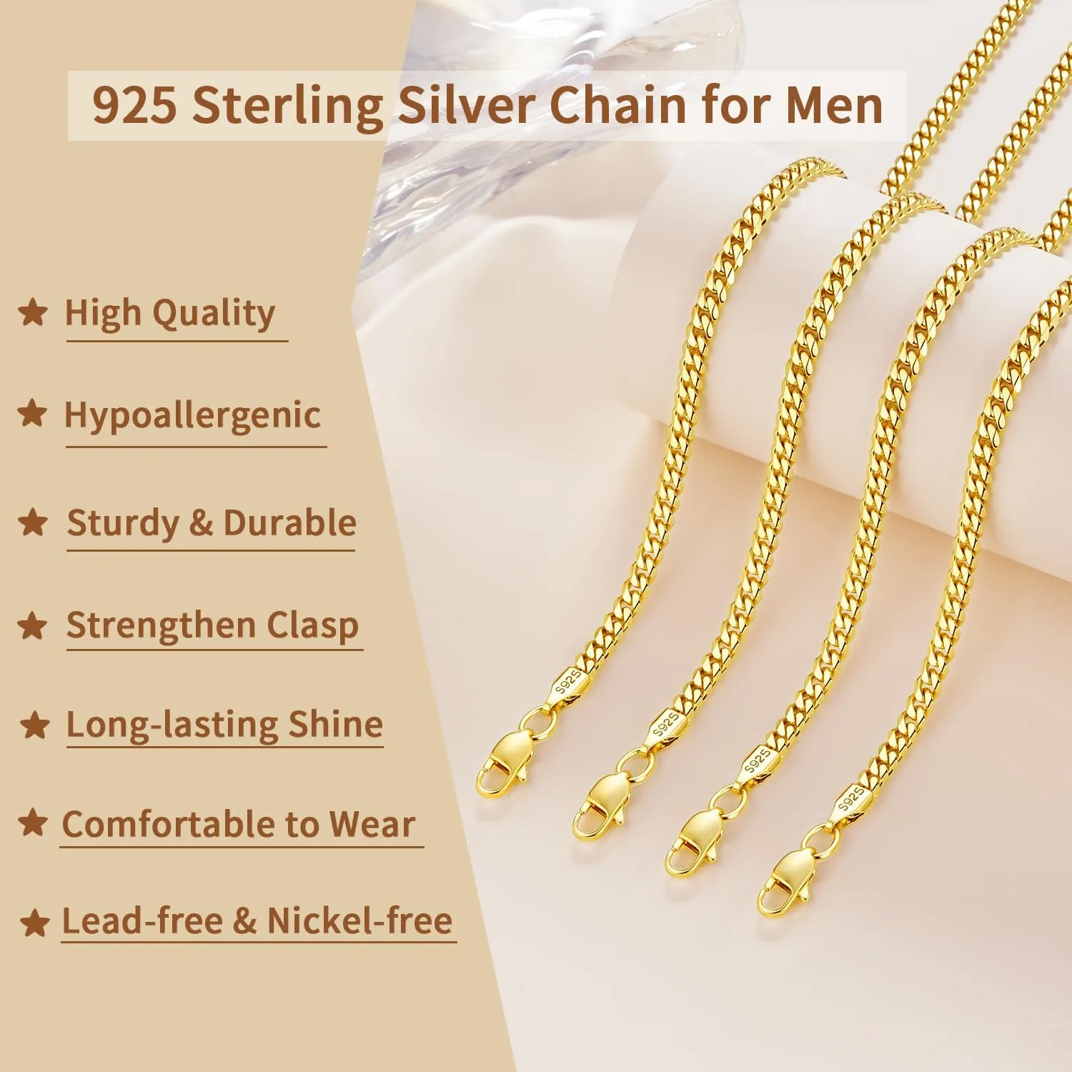 Solid 18K Over 925 Sterling Silver Chain for Men Women, 4mm Cuban Link Necklace, Hip-Hop & Cool Style, 16-26 Inch