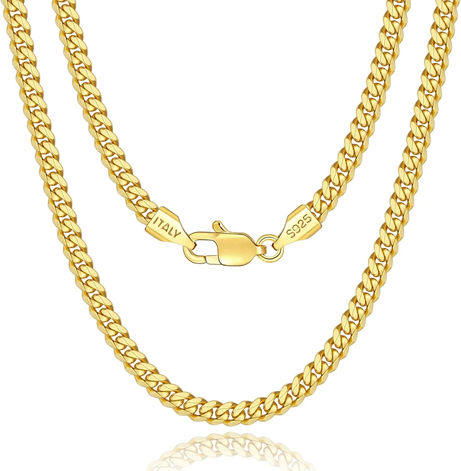 Solid 18K Over 925 Sterling Silver Chain for Men Women, 4mm Cuban Link Necklace, Hip-Hop & Cool Style, 16-26 Inch
