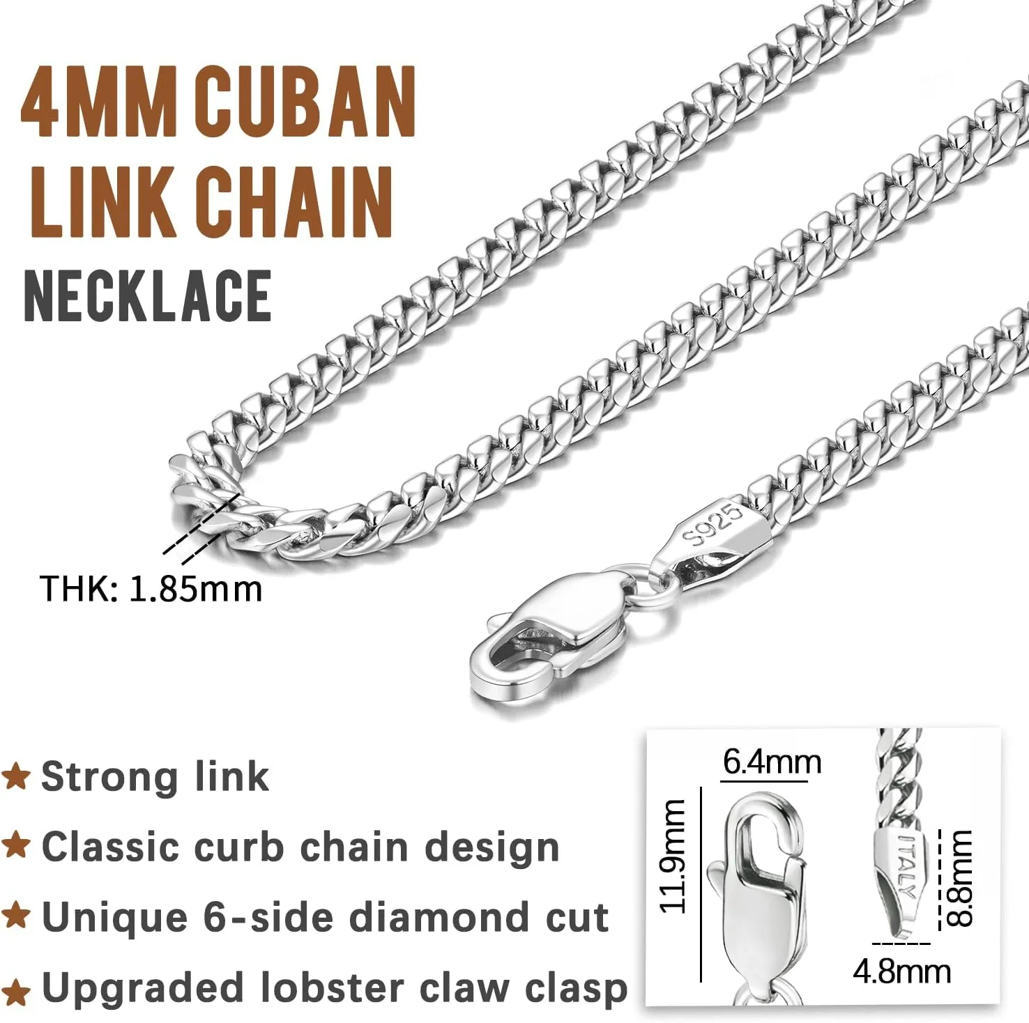Solid 18K Over 925 Sterling Silver Chain for Men Women, 4mm Cuban Link Necklace, Hip-Hop & Cool Style, 16-26 Inch