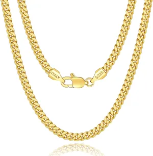 Solid 18K Over 925 Sterling Silver Chain for Men Women, 4mm Cuban Link Necklace, Hip-Hop & Cool Style, 16-26 Inch
