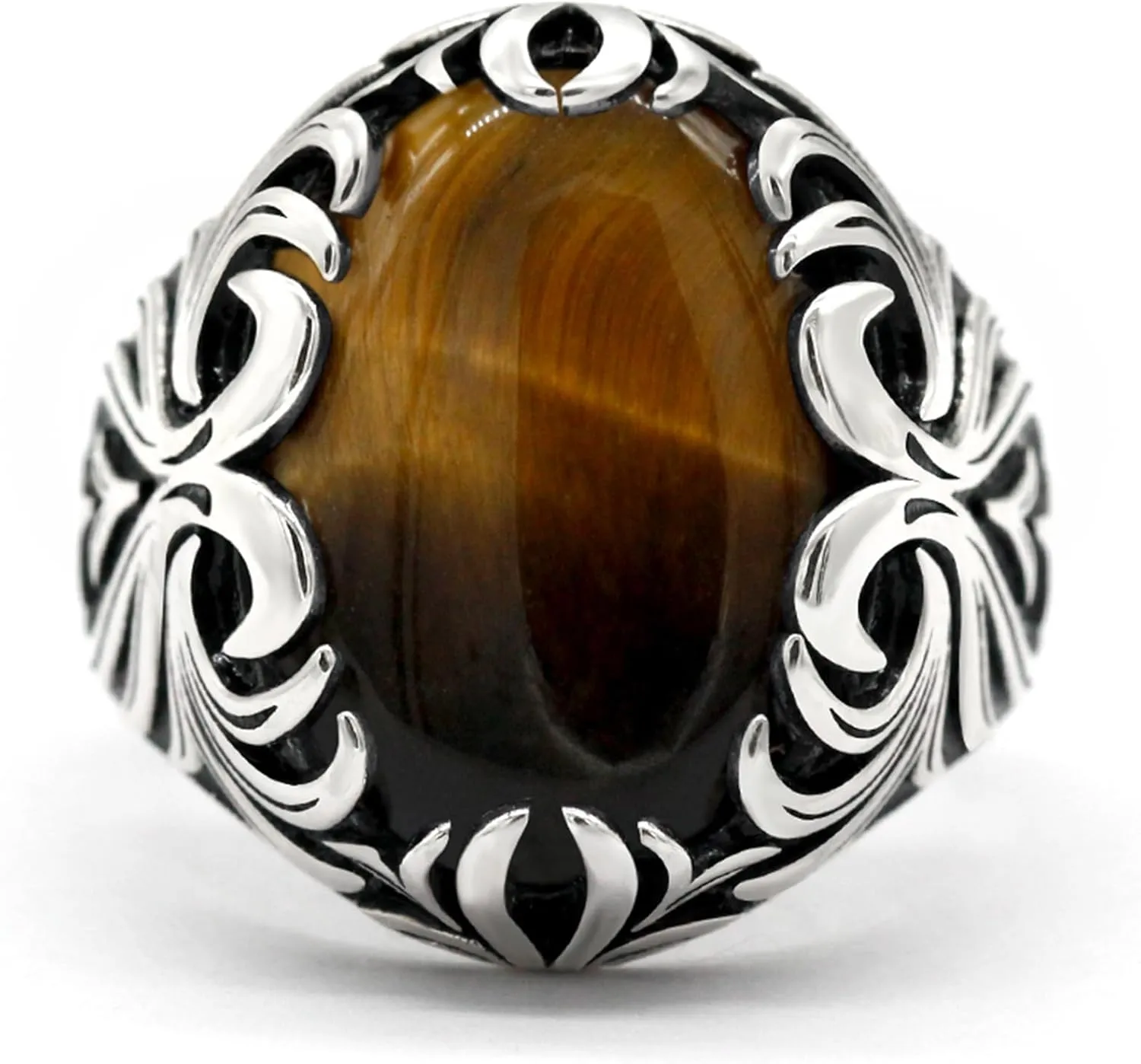 Solid 925 Sterling Silver Men's Ring Turkish Classic Vintage Set Brown Tiger Eye Men's Simple Jewelry