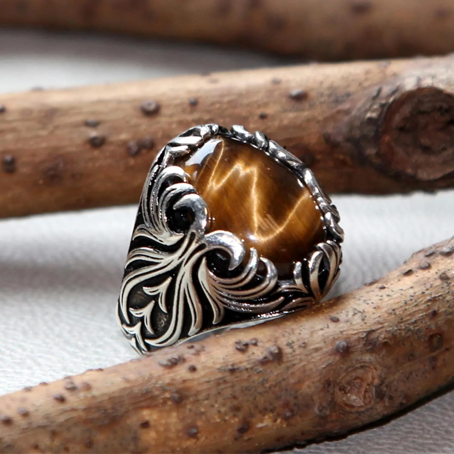 Solid 925 Sterling Silver Men's Ring Turkish Classic Vintage Set Brown Tiger Eye Men's Simple Jewelry