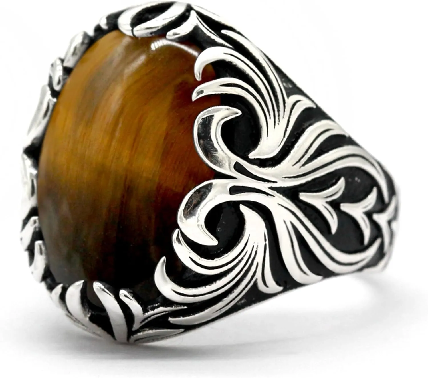 Solid 925 Sterling Silver Men's Ring Turkish Classic Vintage Set Brown Tiger Eye Men's Simple Jewelry