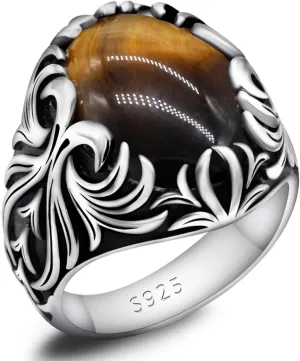 Solid 925 Sterling Silver Men's Ring Turkish Classic Vintage Set Brown Tiger Eye Men's Simple Jewelry
