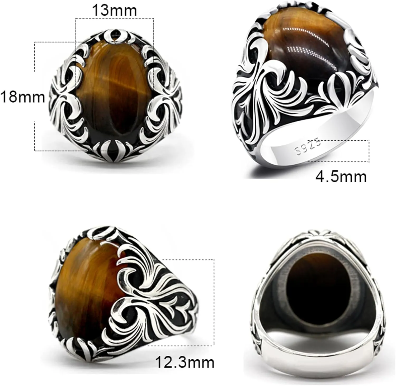 Solid 925 Sterling Silver Men's Ring Turkish Classic Vintage Set Brown Tiger Eye Men's Simple Jewelry