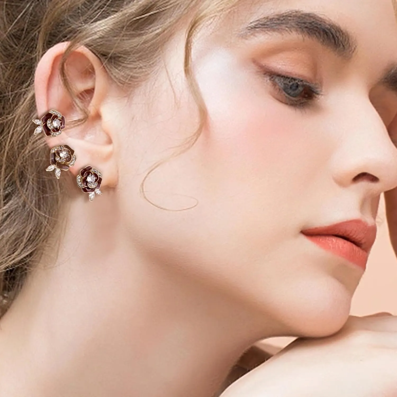 Sonateomber Gold Flower Leaf Stud Hoop Earrings for Women, Valentine Statement Cute Sparkly Rhinestone Enamel Floral huggie Earing Wedding Prom Fashion Jewelry Gift.