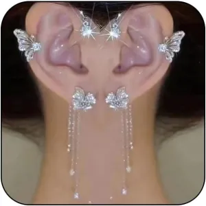 Sparkly Cubic Zirconia Butterfly Ear Cuffs for Women, 1Pair Silver Non Piercing Butterflies Tassel Statement Earrings Party Prom Ear Jewelry Gifts