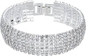 Sparkly Silver Plated Rhinestone Crystal Wide Multilayer Chain Bracelet for Women Wedding Prom Costume Jewelry