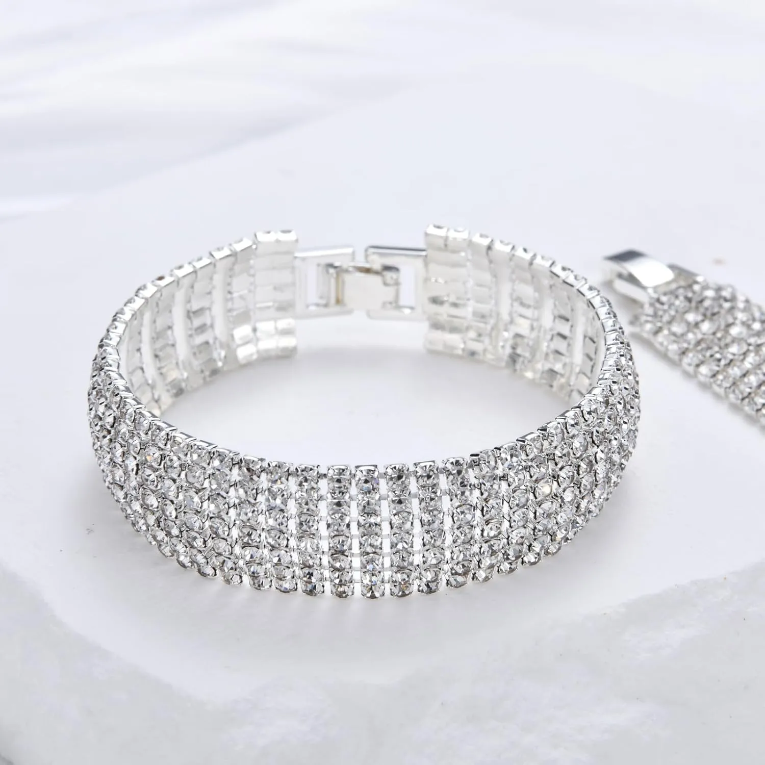 Sparkly Silver Plated Rhinestone Crystal Wide Multilayer Chain Bracelet for Women Wedding Prom Costume Jewelry