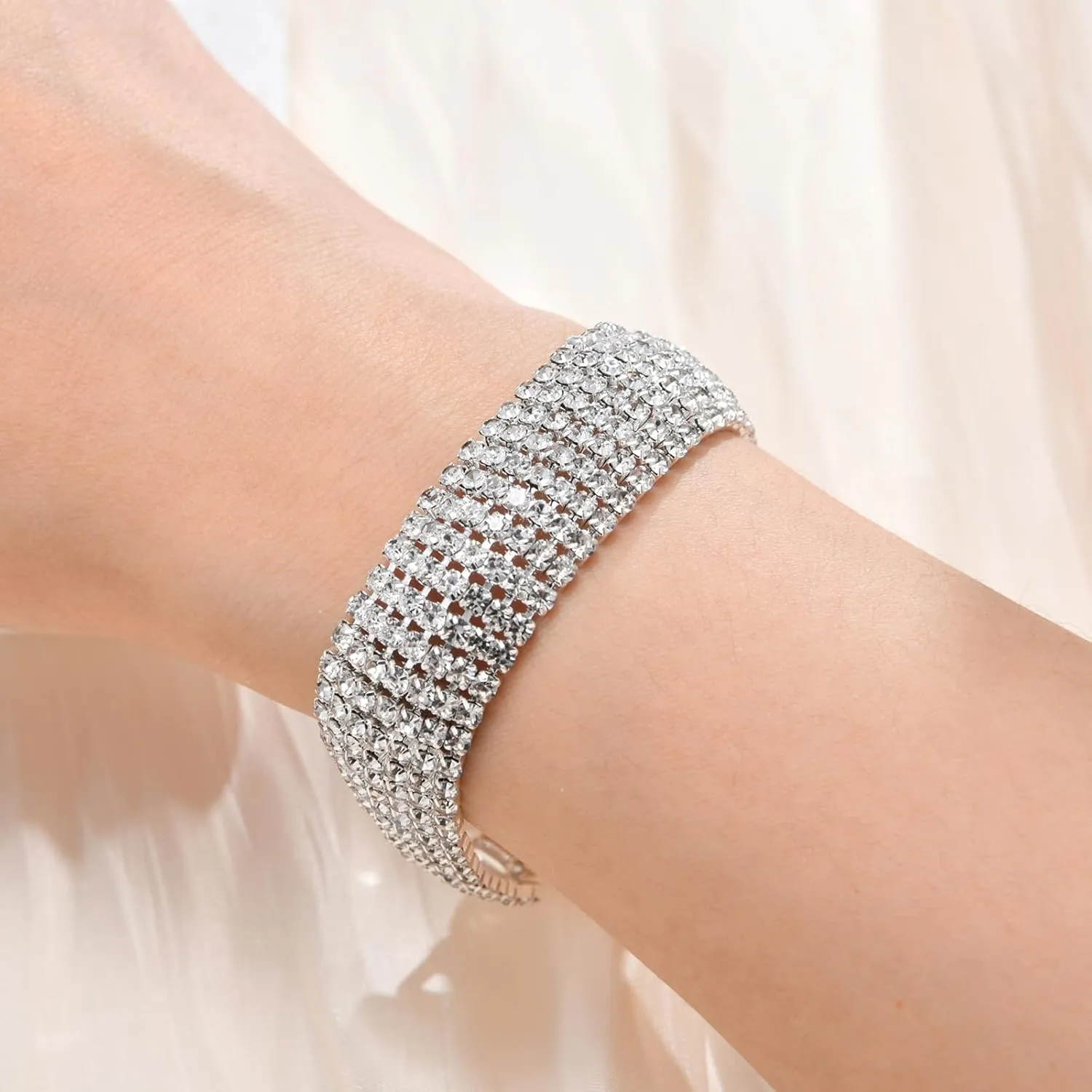 Sparkly Silver Plated Rhinestone Crystal Wide Multilayer Chain Bracelet for Women Wedding Prom Costume Jewelry