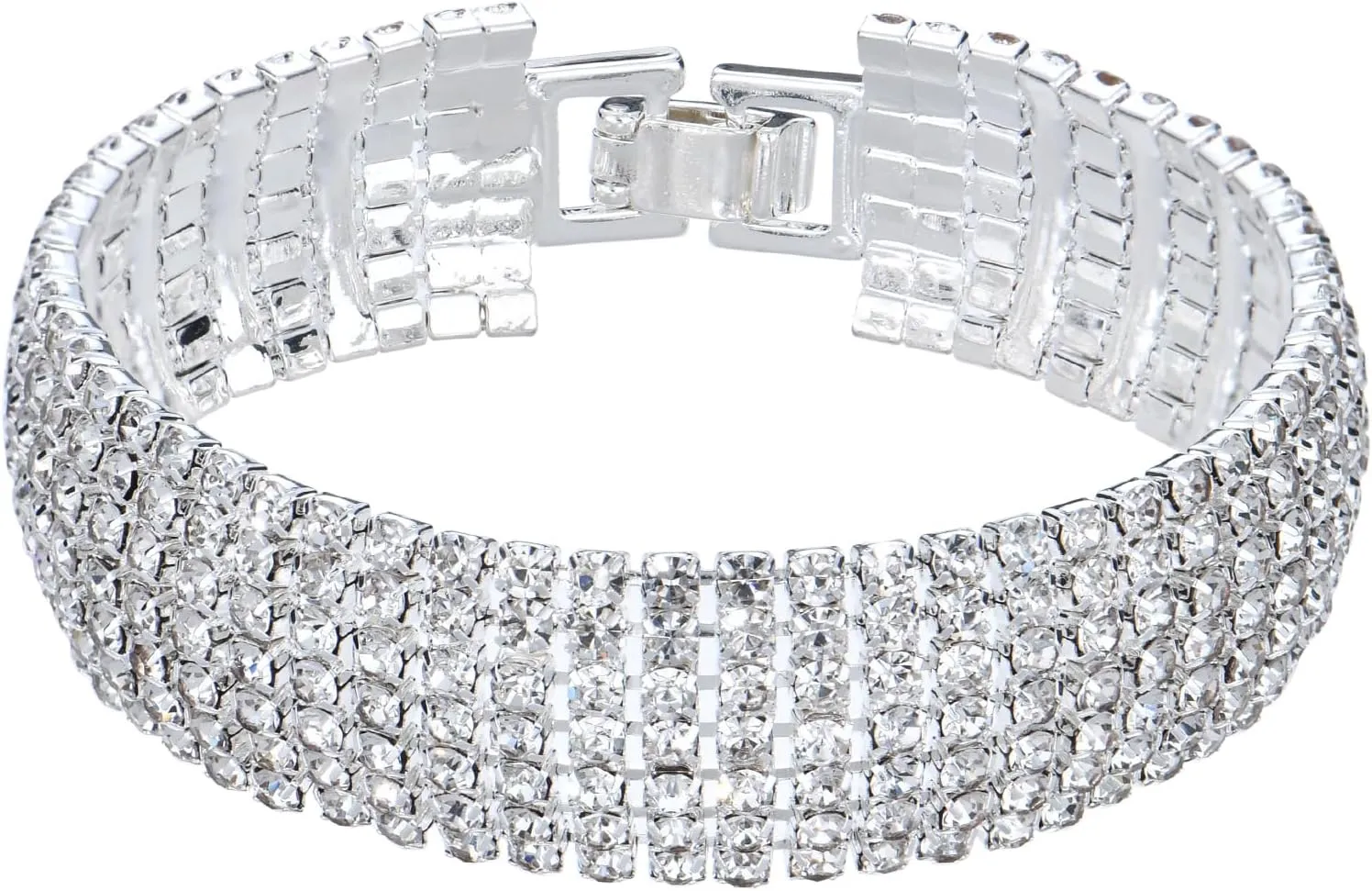 Sparkly Silver Plated Rhinestone Crystal Wide Multilayer Chain Bracelet for Women Wedding Prom Costume Jewelry