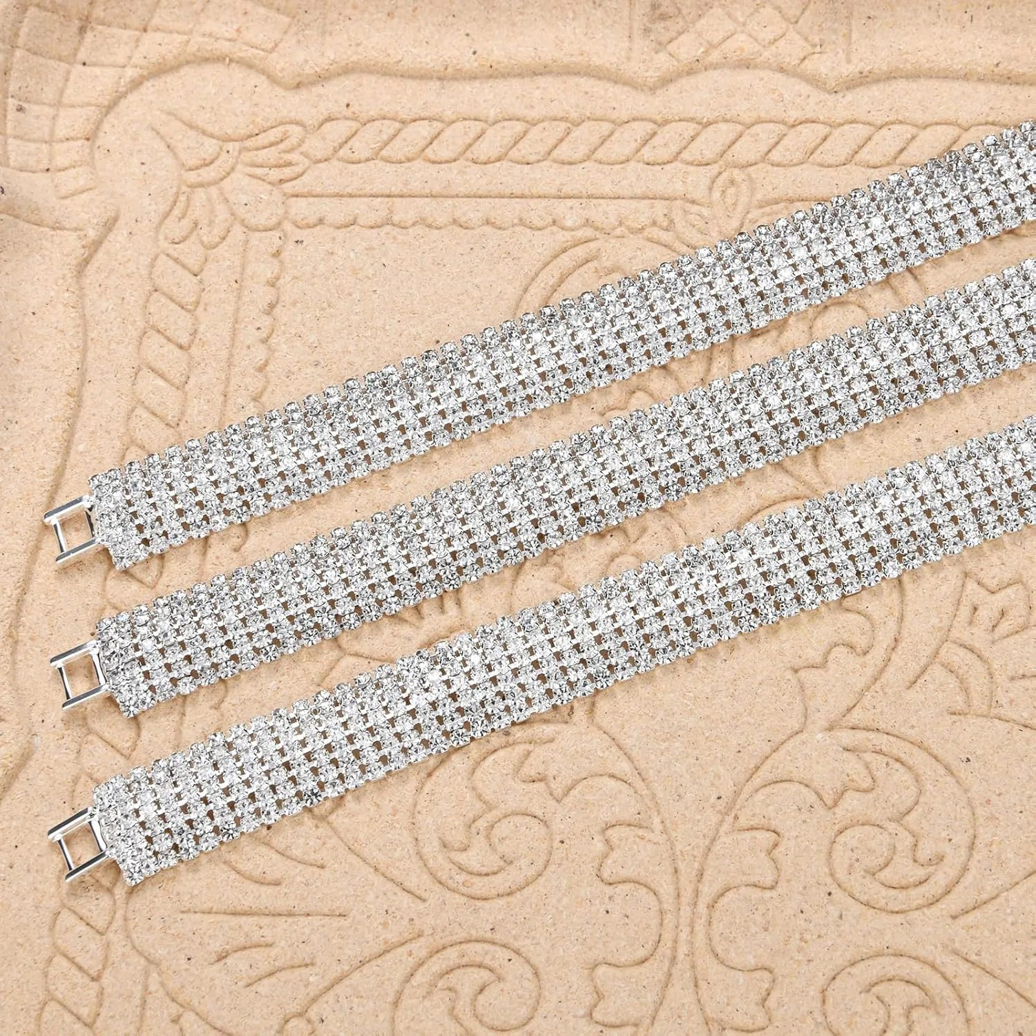 Sparkly Silver Plated Rhinestone Crystal Wide Multilayer Chain Bracelet for Women Wedding Prom Costume Jewelry