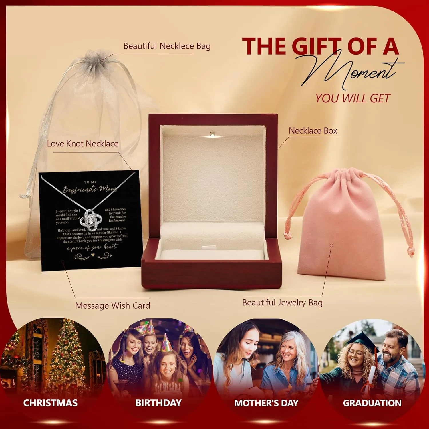 Special Present For Boyfriends Mom, "Thank You For Trusting Me With A Piece Of Your Heart" Necklace, Christmas Gift, Birthday Gift For Boyfriends Mom With Meaning Message Card And Luxury Gift Box