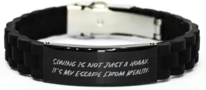 Special Sewing Gifts, Sewing is not Just a, Nice Black Glidelock Clasp Bracelet For Men Women, Engraved Bracelet From Friends, Friends bracelet, Black bracelet, Bracelet gift, Friendship bracelet