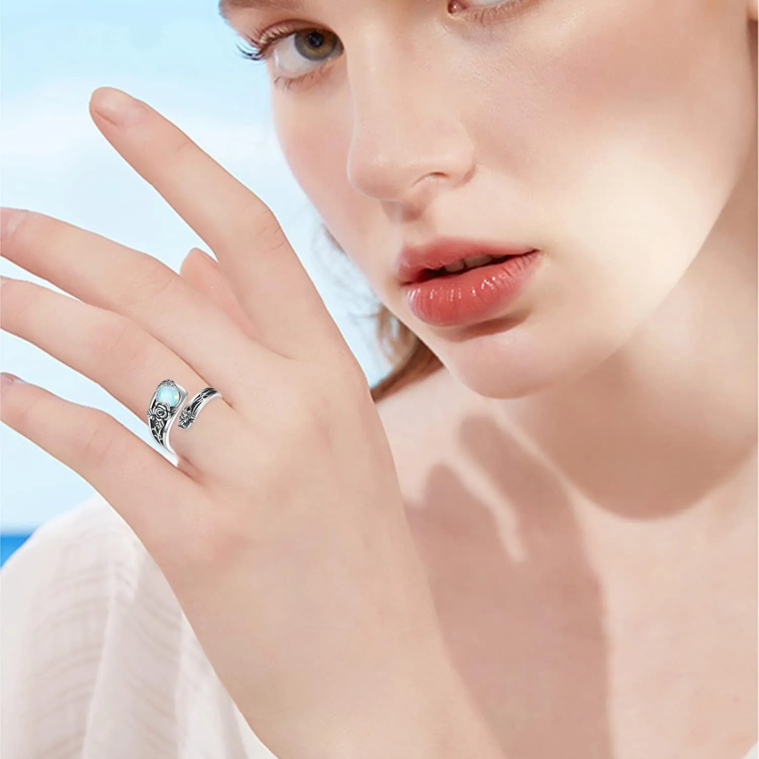 Spoon Rings Sterling Silver Opal/Moonstone/Moss Agate/Blue Opal/Turquoise Thumb Rings Vintage Thumb Rings for Women