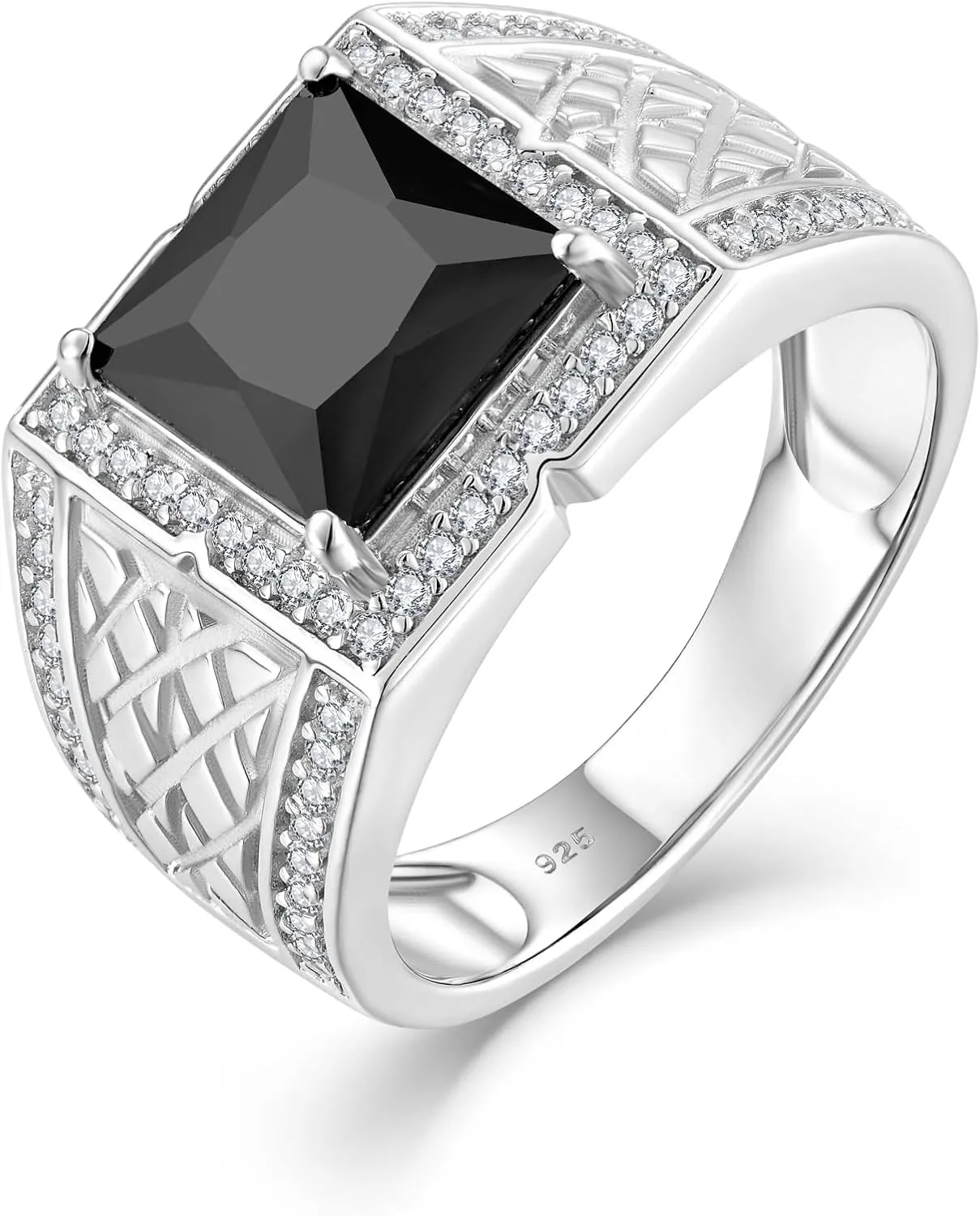Square Ring for Men 925 Sterling Silver Wedding Band Engagement Promise Classic Rings Inlaid Simulate Diamond Black Cubic Zirconia Emerald Cut Jewelry for Father/Brother/Him Size 5-12