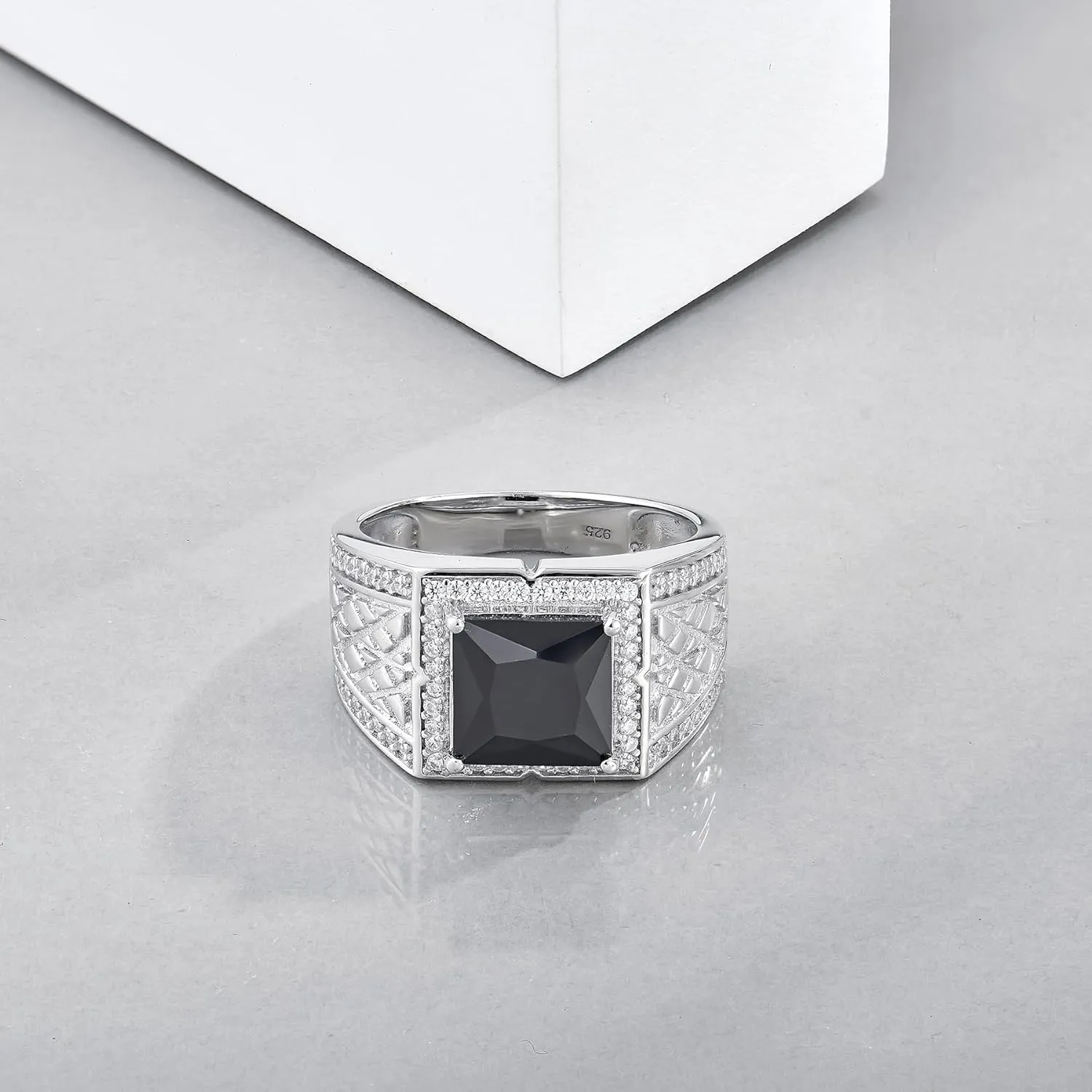 Square Ring for Men 925 Sterling Silver Wedding Band Engagement Promise Classic Rings Inlaid Simulate Diamond Black Cubic Zirconia Emerald Cut Jewelry for Father/Brother/Him Size 5-12