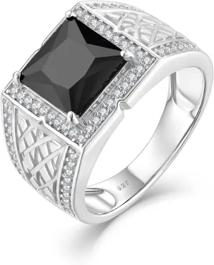 Square Ring for Men 925 Sterling Silver Wedding Band Engagement Promise Classic Rings Inlaid Simulate Diamond Black Cubic Zirconia Emerald Cut Jewelry for Father/Brother/Him Size 5-12