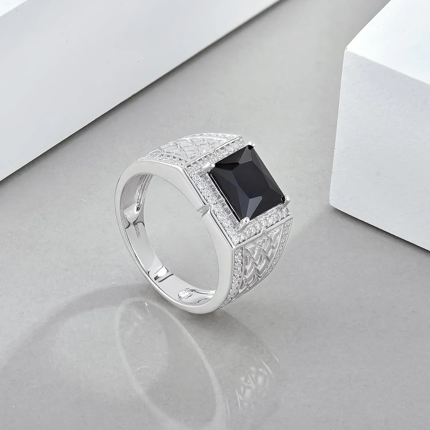 Square Ring for Men 925 Sterling Silver Wedding Band Engagement Promise Classic Rings Inlaid Simulate Diamond Black Cubic Zirconia Emerald Cut Jewelry for Father/Brother/Him Size 5-12