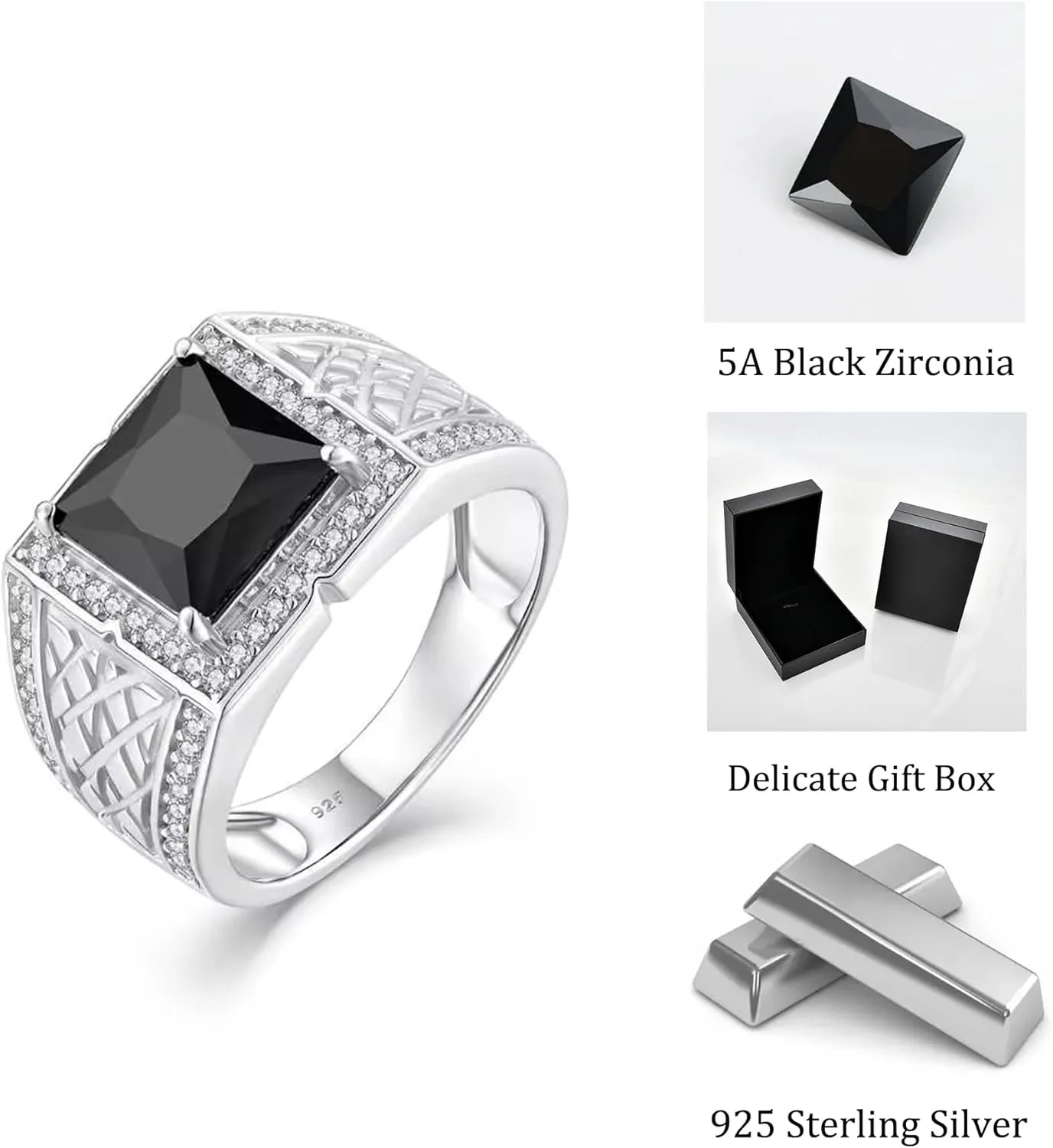 Square Ring for Men 925 Sterling Silver Wedding Band Engagement Promise Classic Rings Inlaid Simulate Diamond Black Cubic Zirconia Emerald Cut Jewelry for Father/Brother/Him Size 5-12