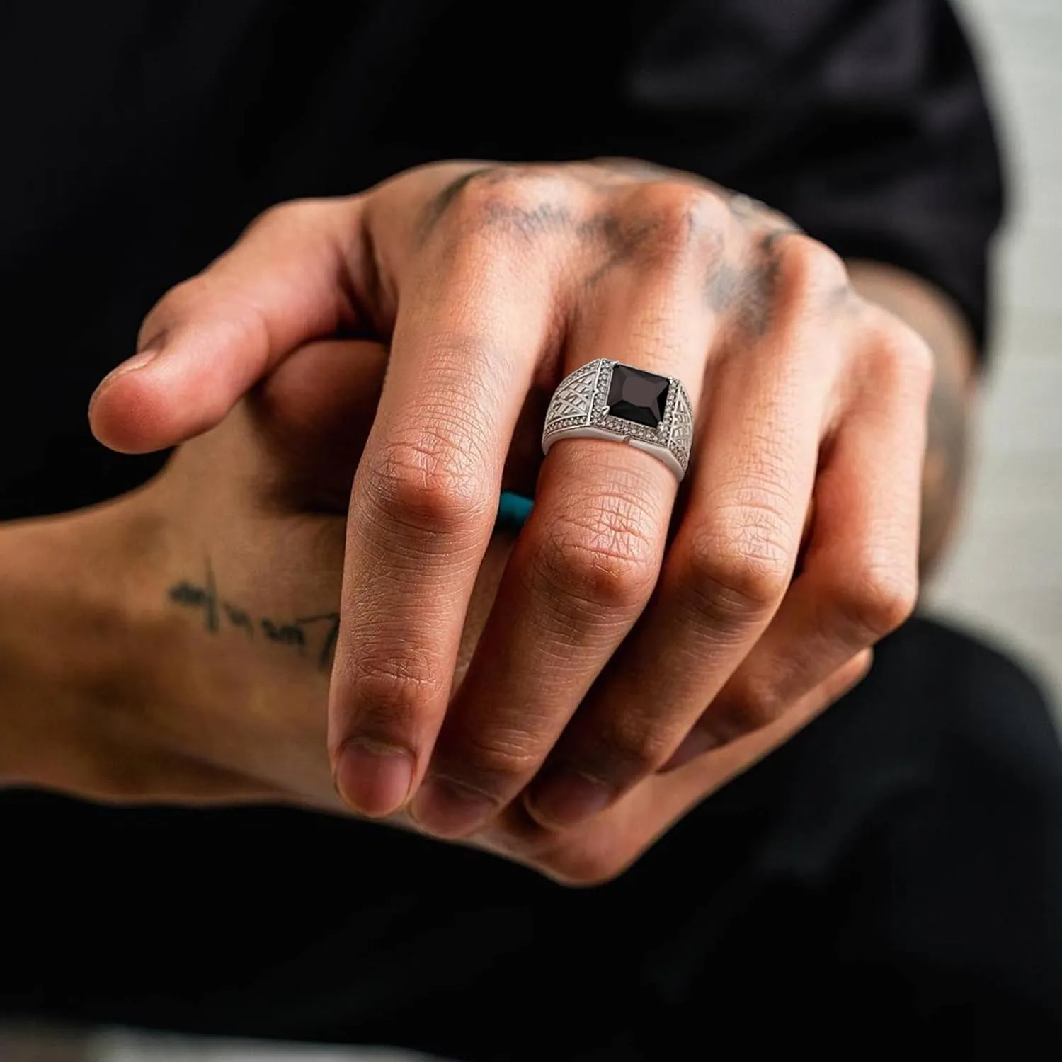 Square Ring for Men 925 Sterling Silver Wedding Band Engagement Promise Classic Rings Inlaid Simulate Diamond Black Cubic Zirconia Emerald Cut Jewelry for Father/Brother/Him Size 5-12
