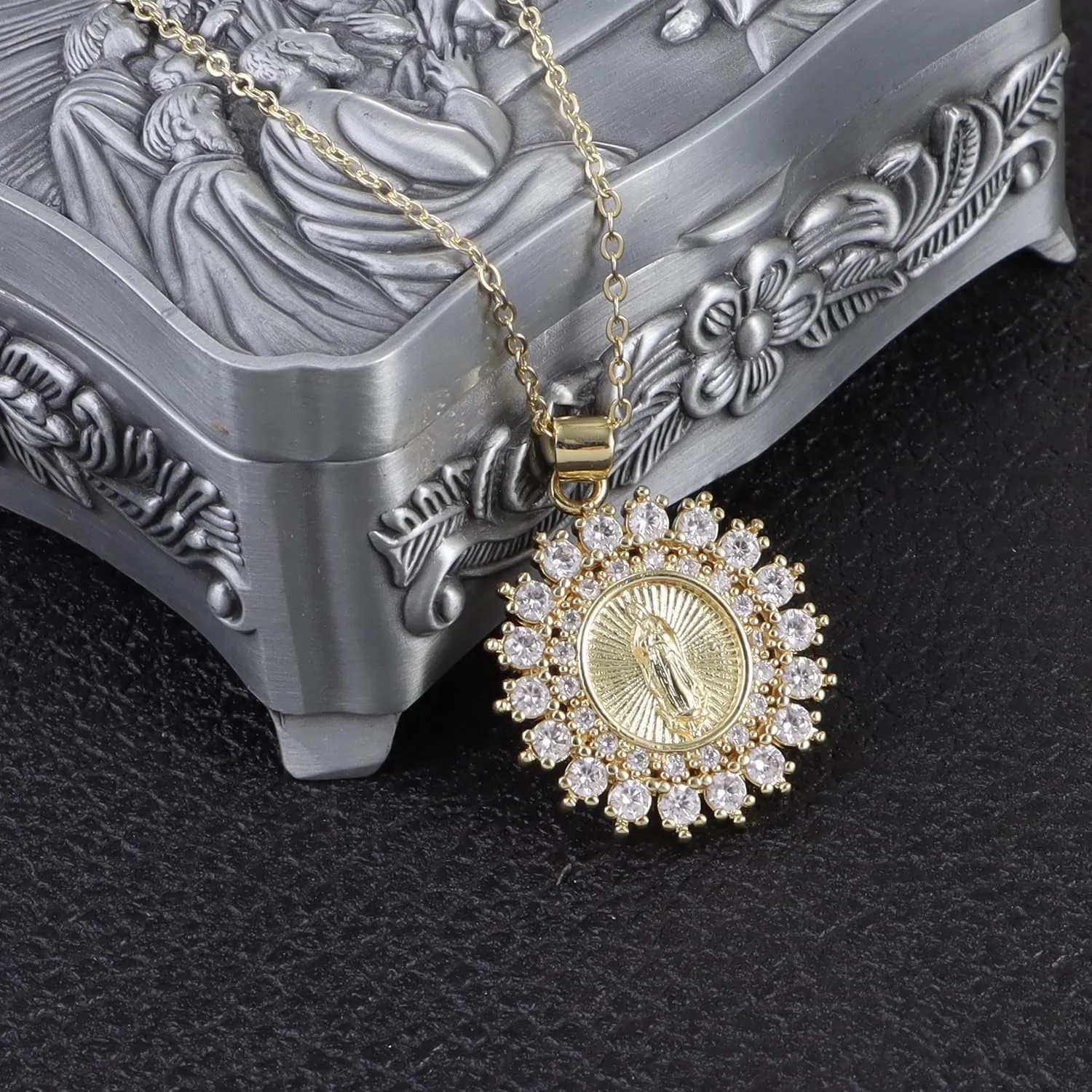 St Saint Benedict Medal Necklace, 14K Gold Plated Virgin Mary Necklace, Virgen De Guadalupe Necklace Amulet Our Lady of Guadalupe Amulet Pendant Religious Gifts for Women Jewelry