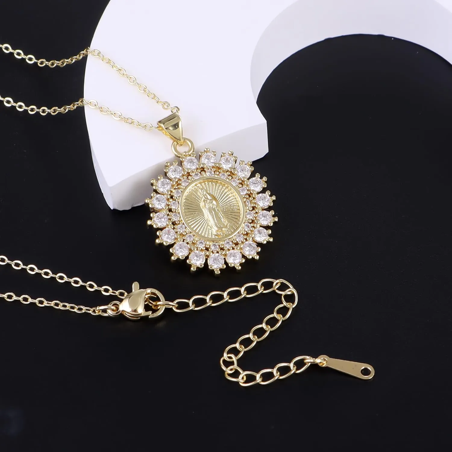 St Saint Benedict Medal Necklace, 14K Gold Plated Virgin Mary Necklace, Virgen De Guadalupe Necklace Amulet Our Lady of Guadalupe Amulet Pendant Religious Gifts for Women Jewelry