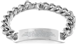 Stainless Steel Cuban Chain Bracelet Bestie Thank You for Always Being There, Birthday Graduation Gifts Idea for Best Mate with Love and Friendship Symbolized, Unique Jewelry for Women and Men