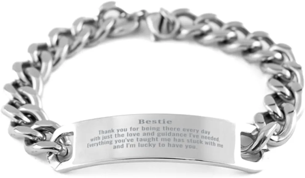 Stainless Steel Cuban Chain Bracelet Bestie Thank You for Always Being There, Birthday Graduation Gifts Idea for Best Mate with Love and Friendship Symbolized, Unique Jewelry for Women and Men