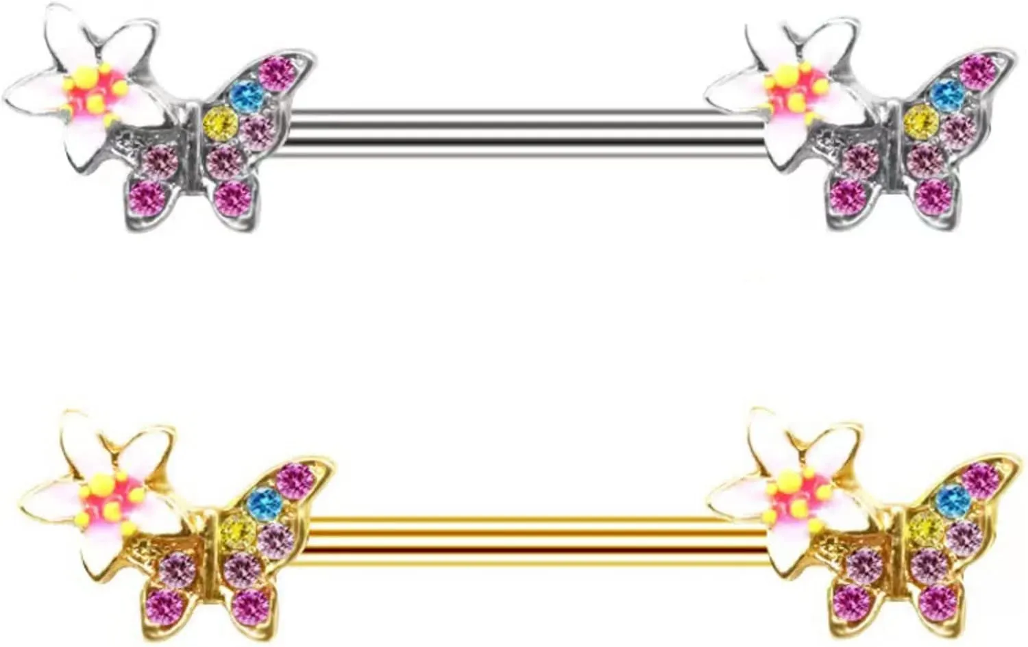 Stainless Steel Nipple Flower Tongue Rings Barbell Colorful Butterfly Nipple Piercing Jewelry Body Retainer 14G(1.6mm) 16mm 2 Pcs