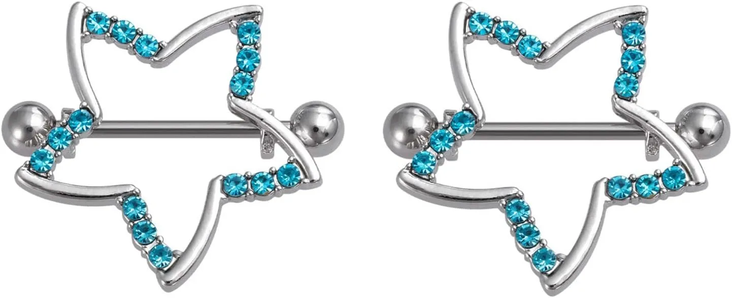 Stainless Steel Nipple Star Tongue Rings Barbell Colorful Nipple Piercing Jewelry Body Retainer 14G(1.6mm) 16mm 2 Pcs