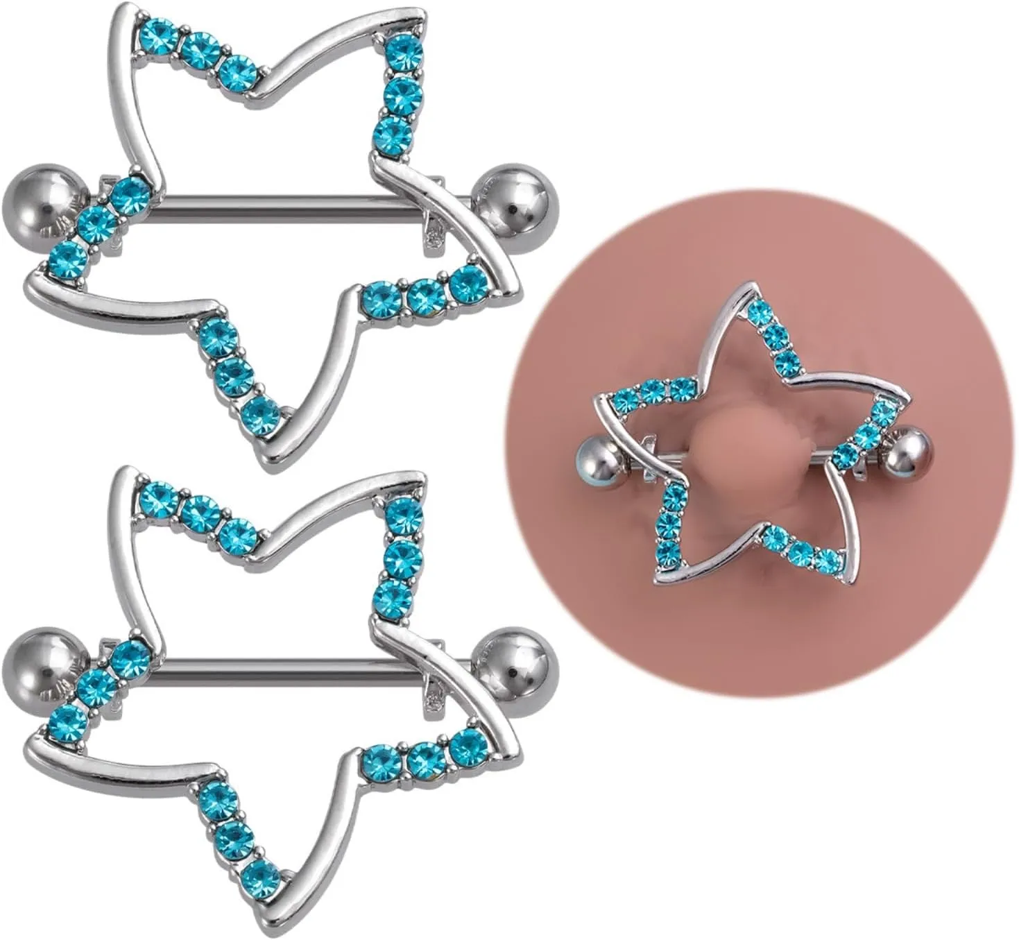 Stainless Steel Nipple Star Tongue Rings Barbell Colorful Nipple Piercing Jewelry Body Retainer 14G(1.6mm) 16mm 2 Pcs