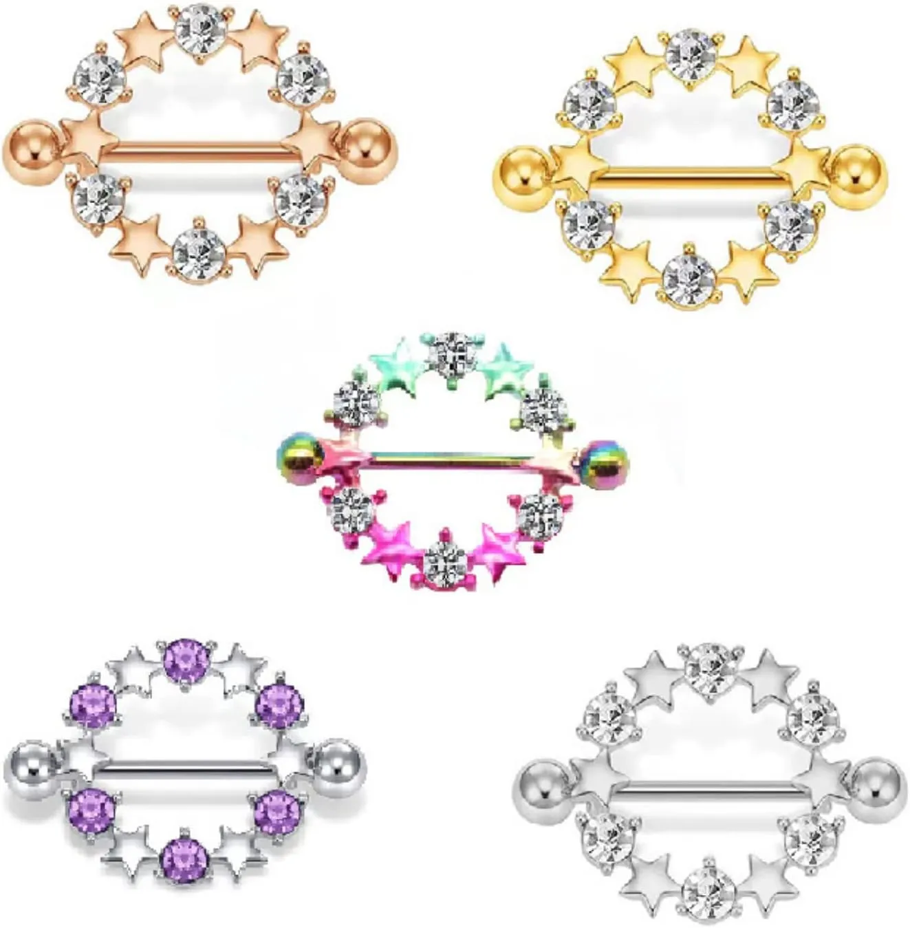 Stainless Steel Nipple Tongue Rings Circle Barbell Colorful Nipple Piercing Jewelry Body Retainer 14G(1.6mm) 16mm 2 Pcs