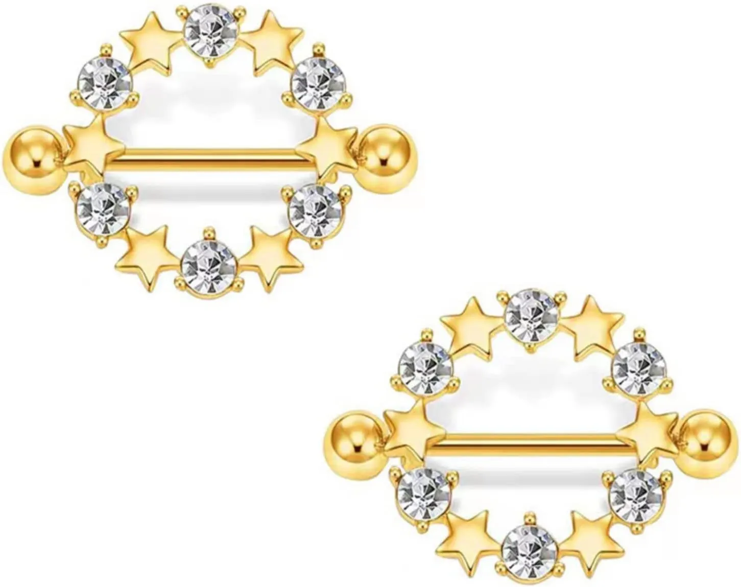 Stainless Steel Nipple Tongue Rings Circle Star Barbell Colorful Nipple Piercing Jewelry Body Retainer 14G(1.6mm) 16mm 2 Pcs