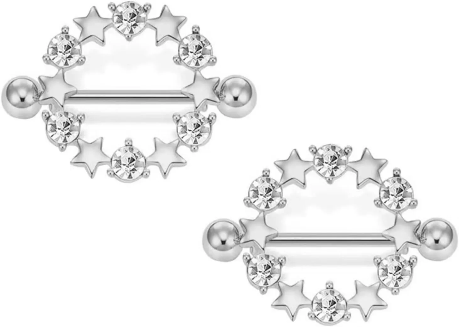 Stainless Steel Nipple Tongue Rings Circle Star Barbell Colorful Nipple Piercing Jewelry Body Retainer 14G(1.6mm) 16mm 2 Pcs