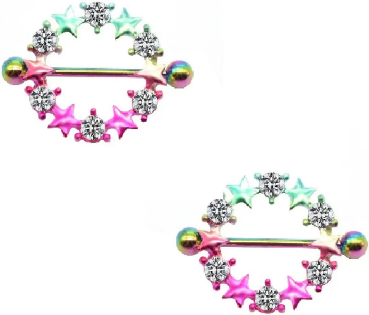 Stainless Steel Nipple Tongue Rings Circle Star Barbell Colorful Nipple Piercing Jewelry Body Retainer 14G(1.6mm) 16mm 2 Pcs