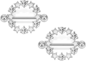 Stainless Steel Nipple Tongue Rings Circle Star Barbell Colorful Nipple Piercing Jewelry Body Retainer 14G(1.6mm) 16mm 2 Pcs