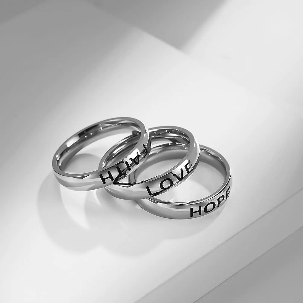 Stainless Steel Ring Faith Love Hope Engraved Plain Wedding Band for Men Women