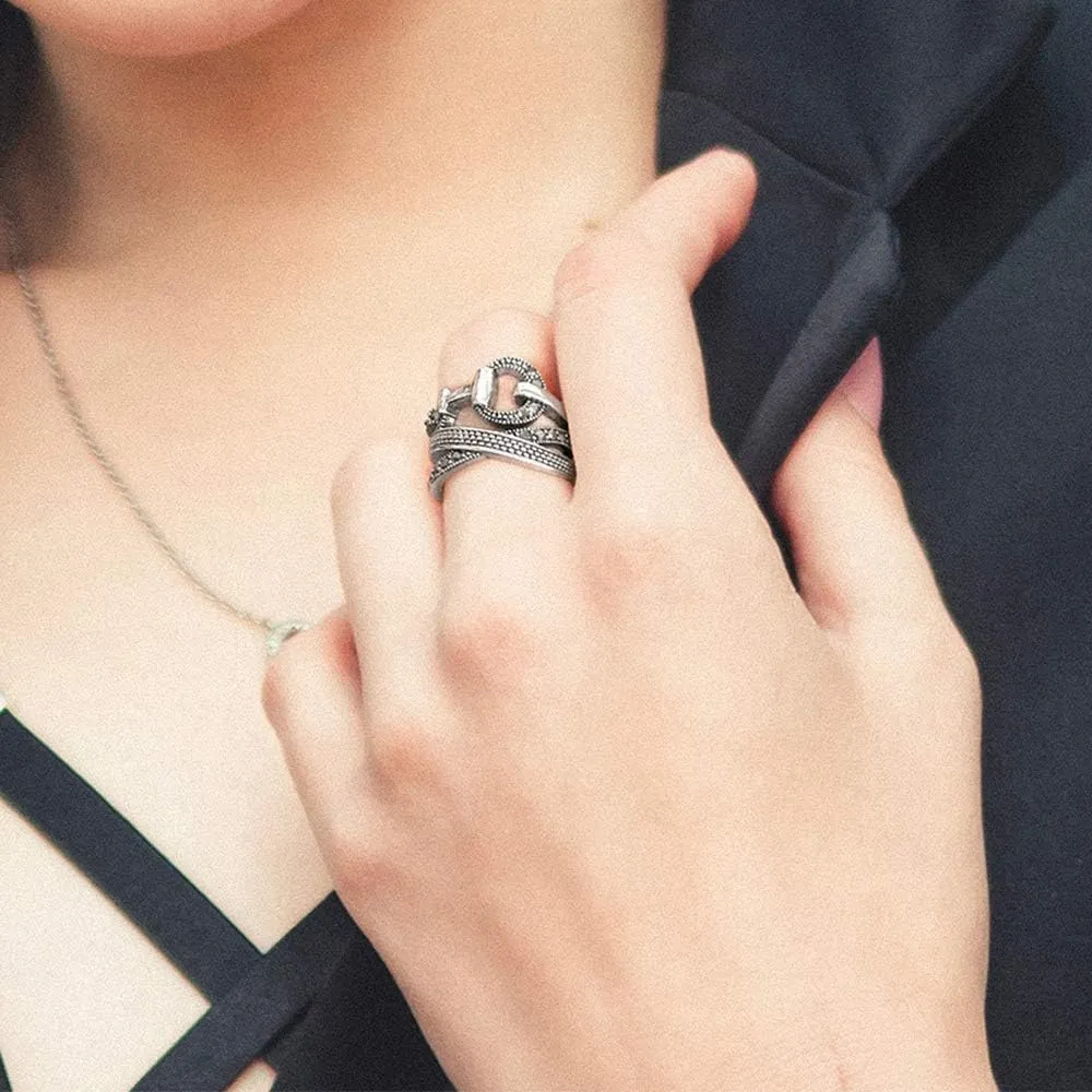 Statement Ring Art Deco Vintage Black Crystal Rhinestone Ring, Gothic Chunky Wide Band Cocktail Ring Silver Plated Women Fashion Jewelry