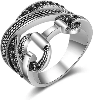Statement Ring Art Deco Vintage Black Crystal Rhinestone Ring, Gothic Chunky Wide Band Cocktail Ring Silver Plated Women Fashion Jewelry