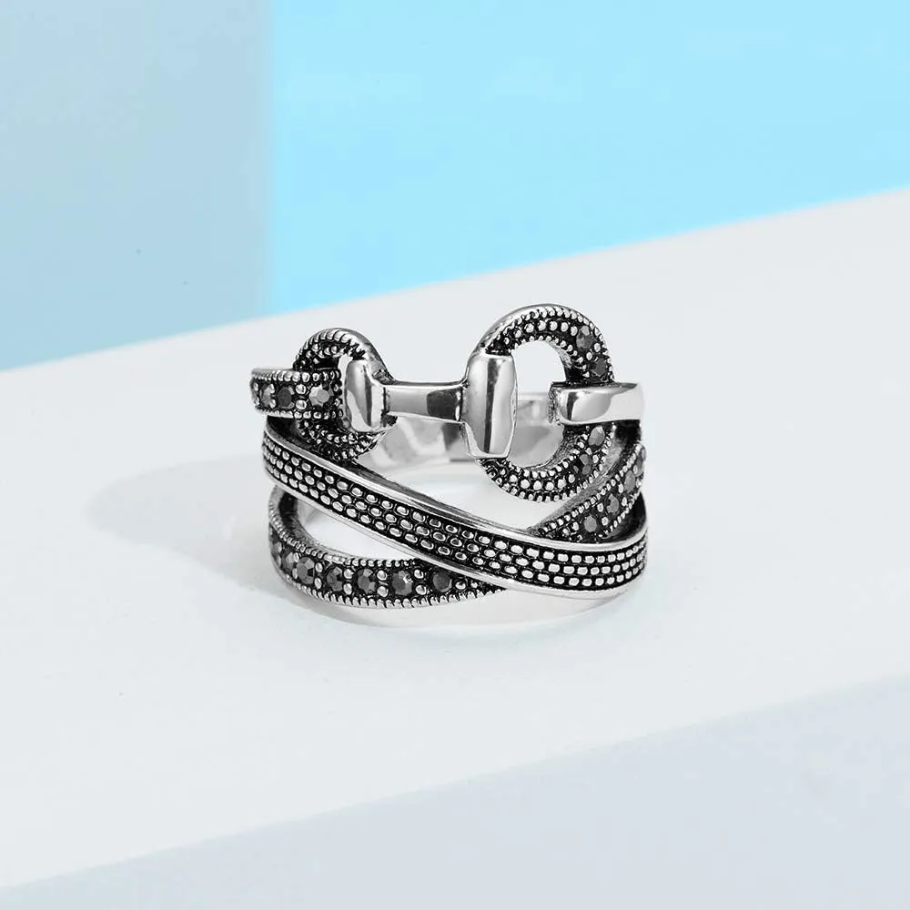 Statement Ring Art Deco Vintage Black Crystal Rhinestone Ring, Gothic Chunky Wide Band Cocktail Ring Silver Plated Women Fashion Jewelry