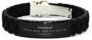 Stepdad Black Glidelock Clasp Bracelet Engraved with Inspirational Luke 18:1 Prayer for Birthday, Christmas, and Graduation Gifts