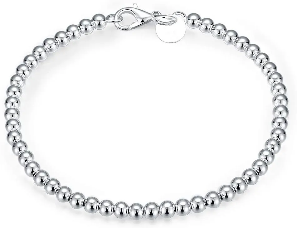 Sterling Silver 4MM Bead Ball Strand Bracelet- Handmade Ball Bracelet, Silver Beads Bracelet for Mens Women