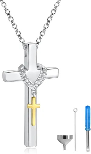 Sterling Silver Cross Urn Necklace - Memorial Pendant Cremation Jewelry Keepsake Pendant Gift for Ashes for Women Men